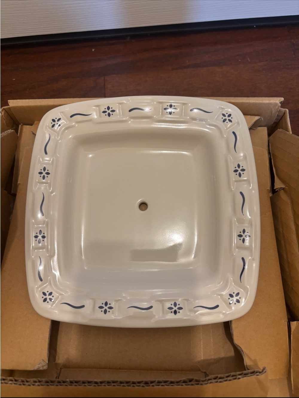 Longaberger Cream With Blue Border Two-Tier Ceramic Stand - Picture 2 of 6